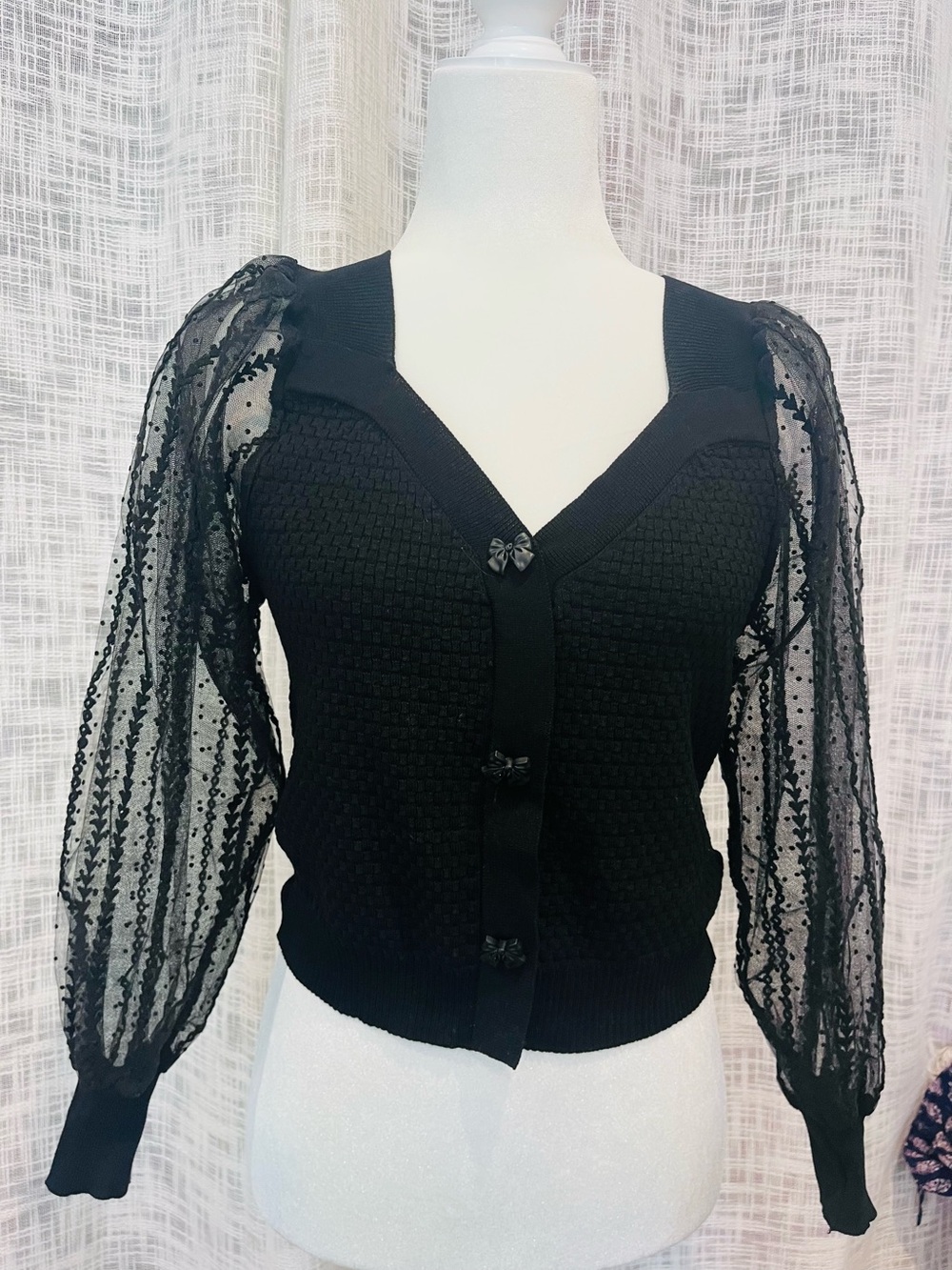 J. Ing Blouse Sweater Cardigan Black SMALL MEDIUM Sheer Long Sleeves Hearts Bows